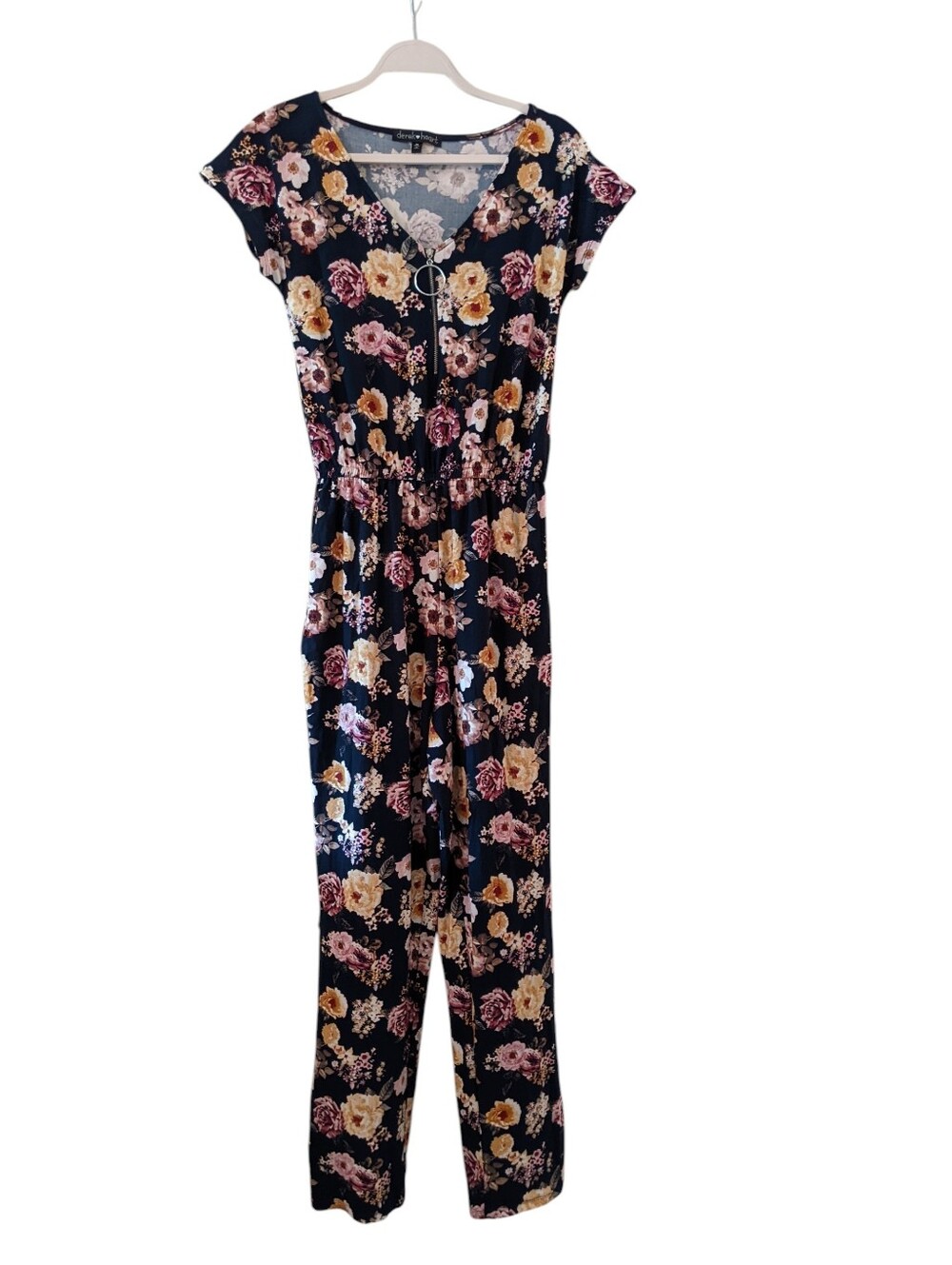 Derek Heart Navy Floral Short Sleeve Jumpsuit Quarter Zip Stretchy Medium